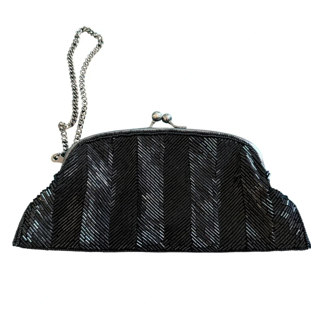 The Limited Beaded Evening Clutch‎ Purse Black Glass Bead Silver Chain Y2K 9